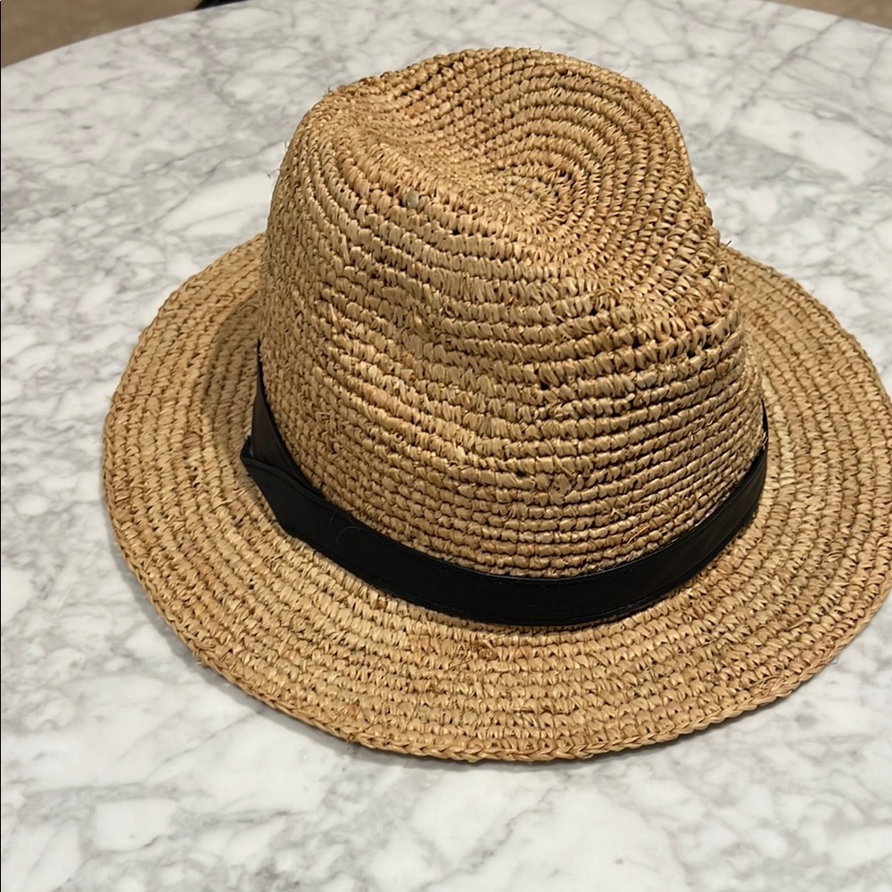 Tan Fedora Hat with Black Band and Textured Weave